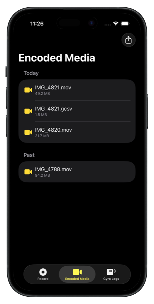 The Encoded Media tab, listing finished .mov files with their sizes