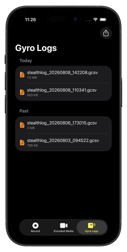 The Gyro Logs tab, listing .gcsv files grouped under Today and Past