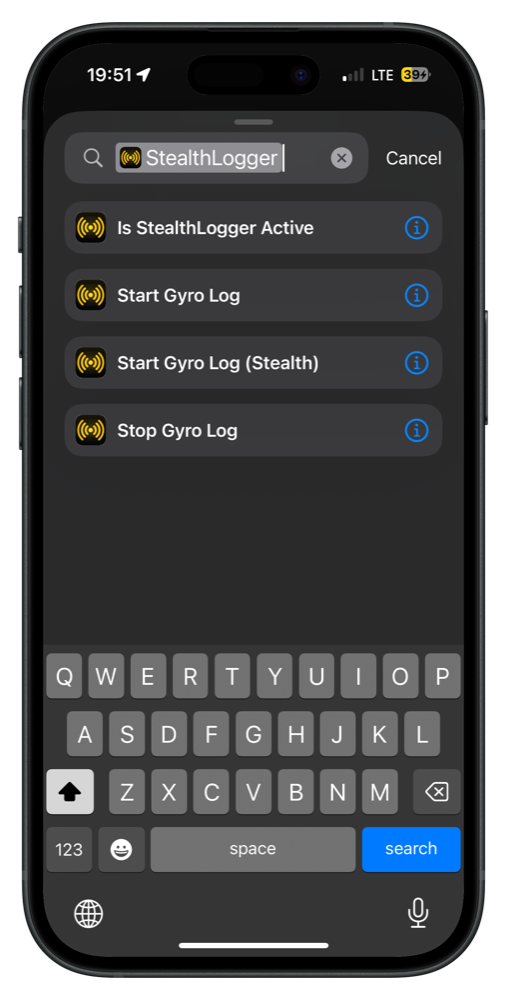 The iOS Shortcuts app searching StealthLogger, listing four actions: Is StealthLogger Active, Start Gyro Log, Start Gyro Log (Stealth), and Stop Gyro Log